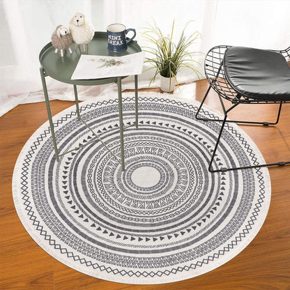 Grey Round Woven Cotton Rug with Fringes 120cm Washable Absorbent Rug Moroccan Style Print 120*120CM—yux 120*120CM - Image 2