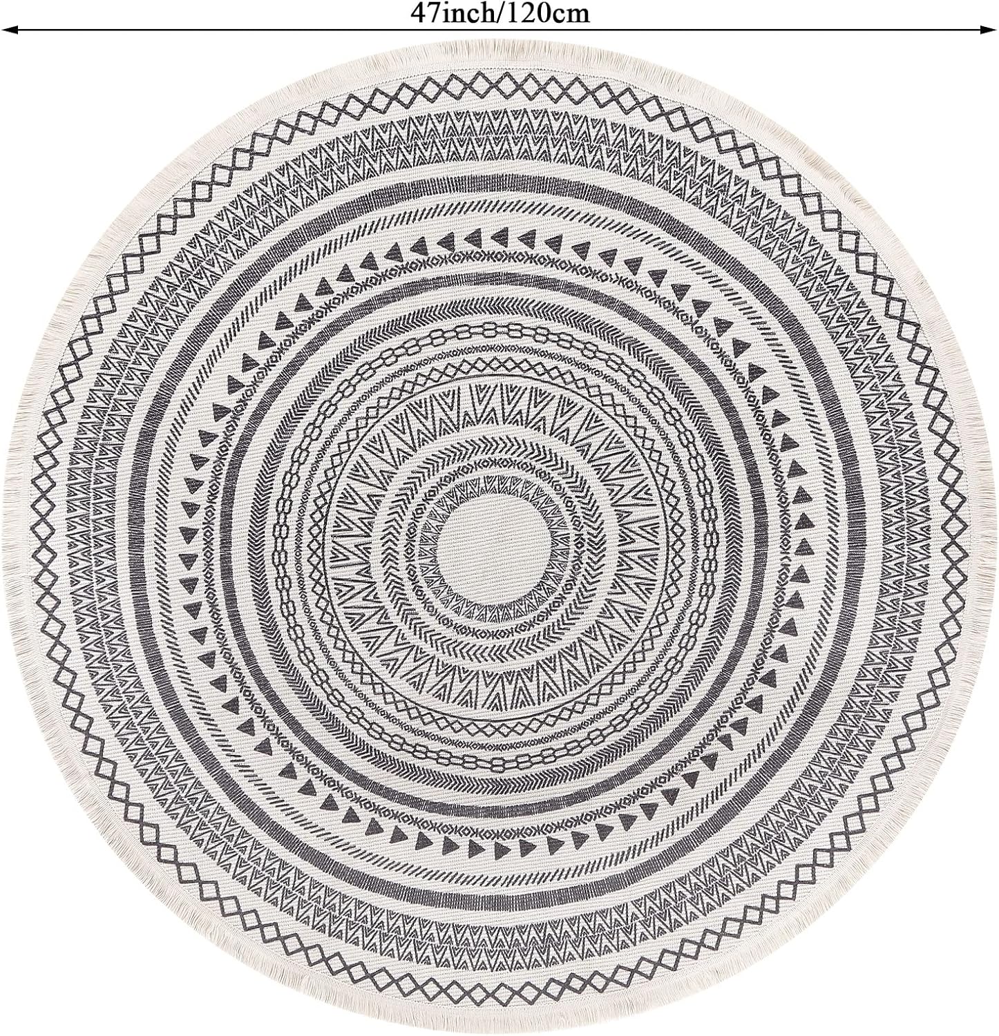 Grey Round Woven Cotton Rug with Fringes 120cm Washable Absorbent Rug Moroccan Style Print 120*120CM—yux 120*120CM - Image 3