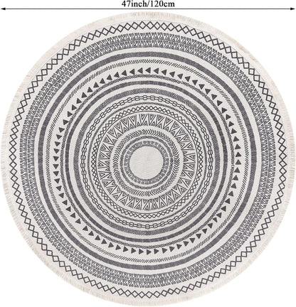 Grey Round Woven Cotton Rug with Fringes 120cm Washable Absorbent Rug Moroccan Style Print 120*120CM—yux 120*120CM - Image 3
