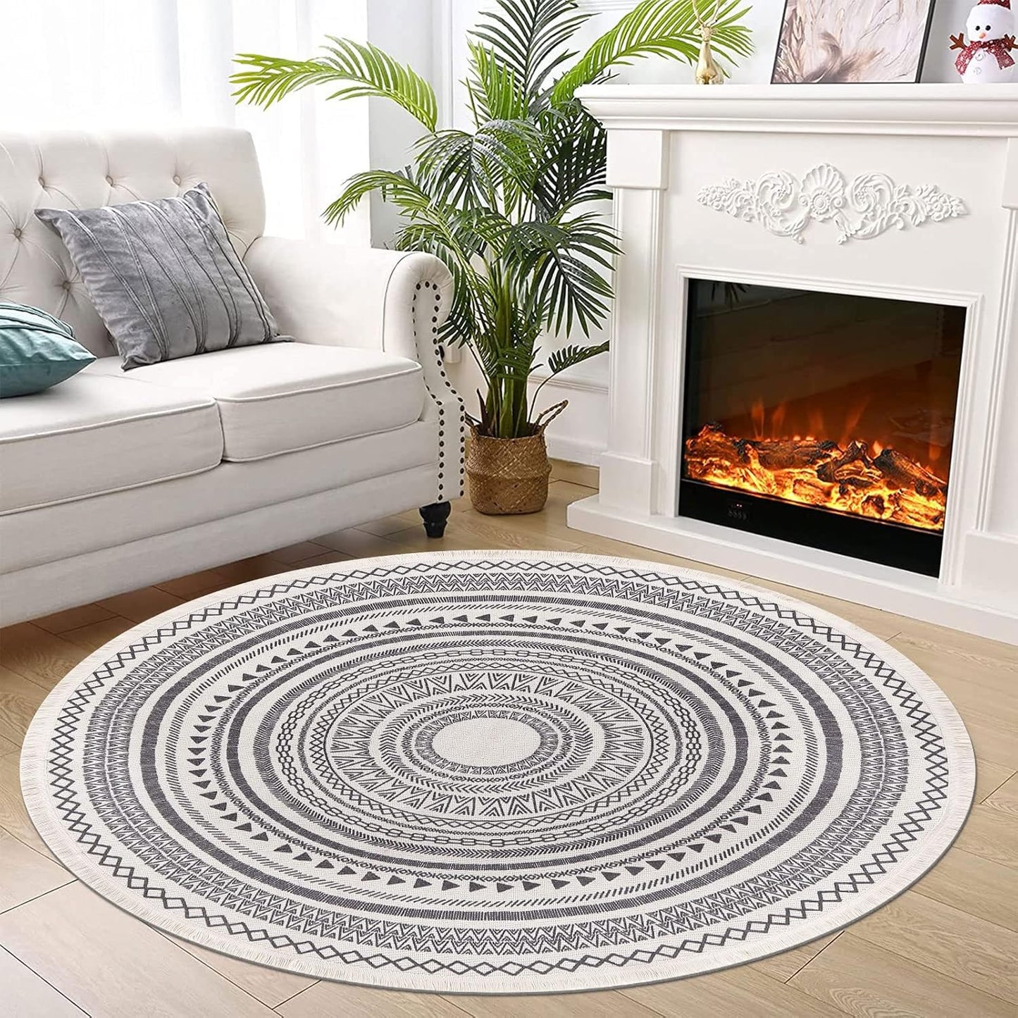 Grey Round Woven Cotton Rug with Fringes 120cm Washable Absorbent Rug Moroccan Style Print 120*120CM—yux 120*120CM - Image 4