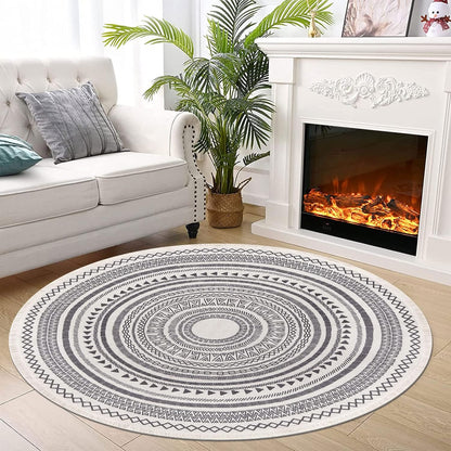 Grey Round Woven Cotton Rug with Fringes 120cm Washable Absorbent Rug Moroccan Style Print 120*120CM—yux 120*120CM - Image 4