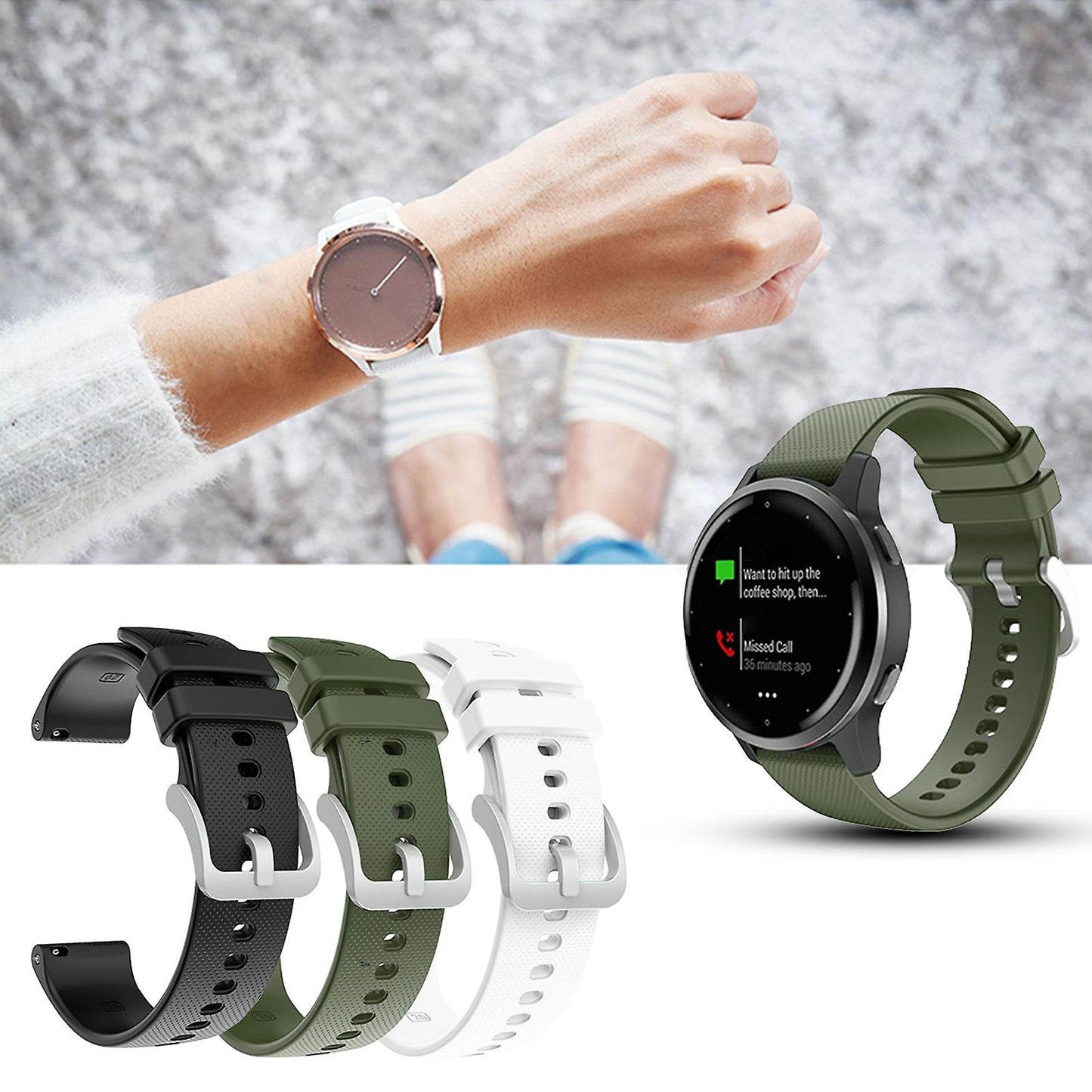 Watch Band 20mm/22mm Checkered Soft Silicone Strap Replacement for Compatible with Garmin Venu SQ/Venu/Vivoactive 3 4/Forerunner 245 Army Green Army Green 20 mm - Image 3
