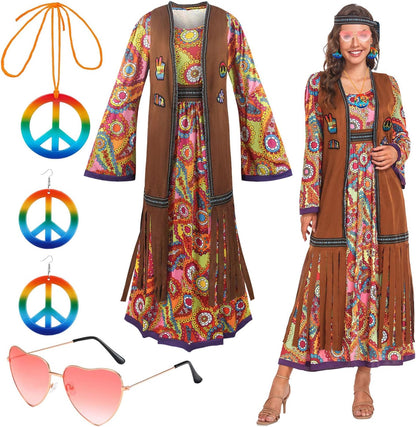 60s costume women, hippie women's dress set, 70s disco halloween outfits, hippie clothing women's costume, 60s clothing accessories M