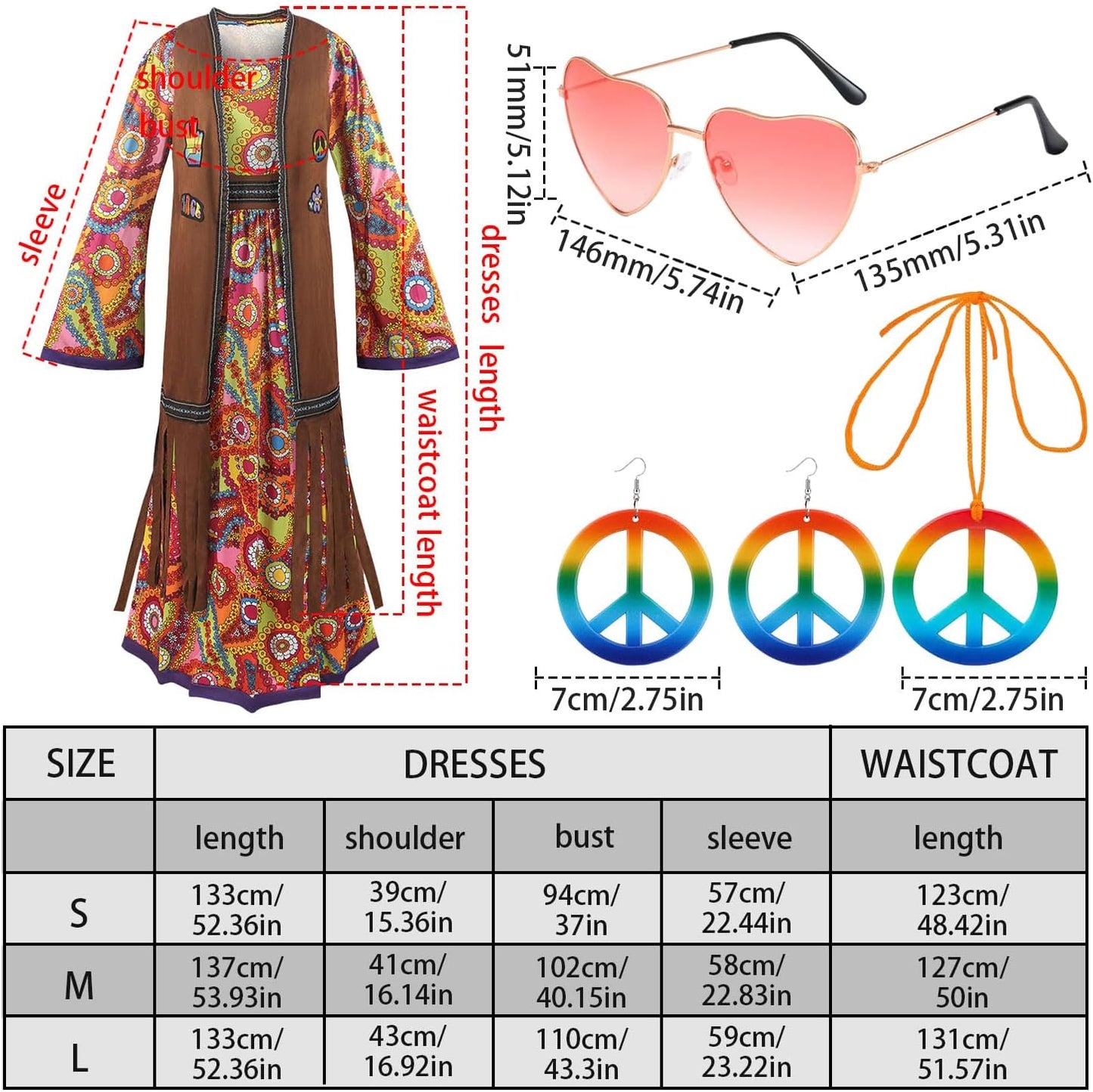 60s costume women, hippie women's dress set, 70s disco halloween outfits, hippie clothing women's costume, 60s clothing accessories M - Image 2