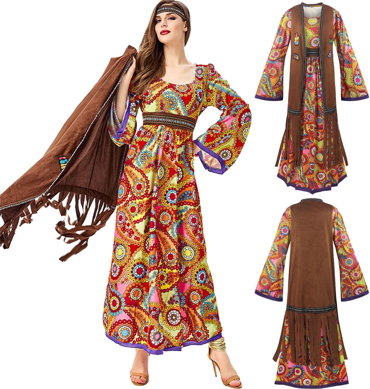60s costume women, hippie women's dress set, 70s disco halloween outfits, hippie clothing women's costume, 60s clothing accessories M - Image 3
