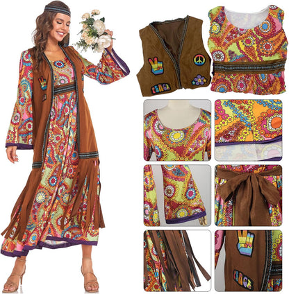 60s costume women, hippie women's dress set, 70s disco halloween outfits, hippie clothing women's costume, 60s clothing accessories M - Image 4