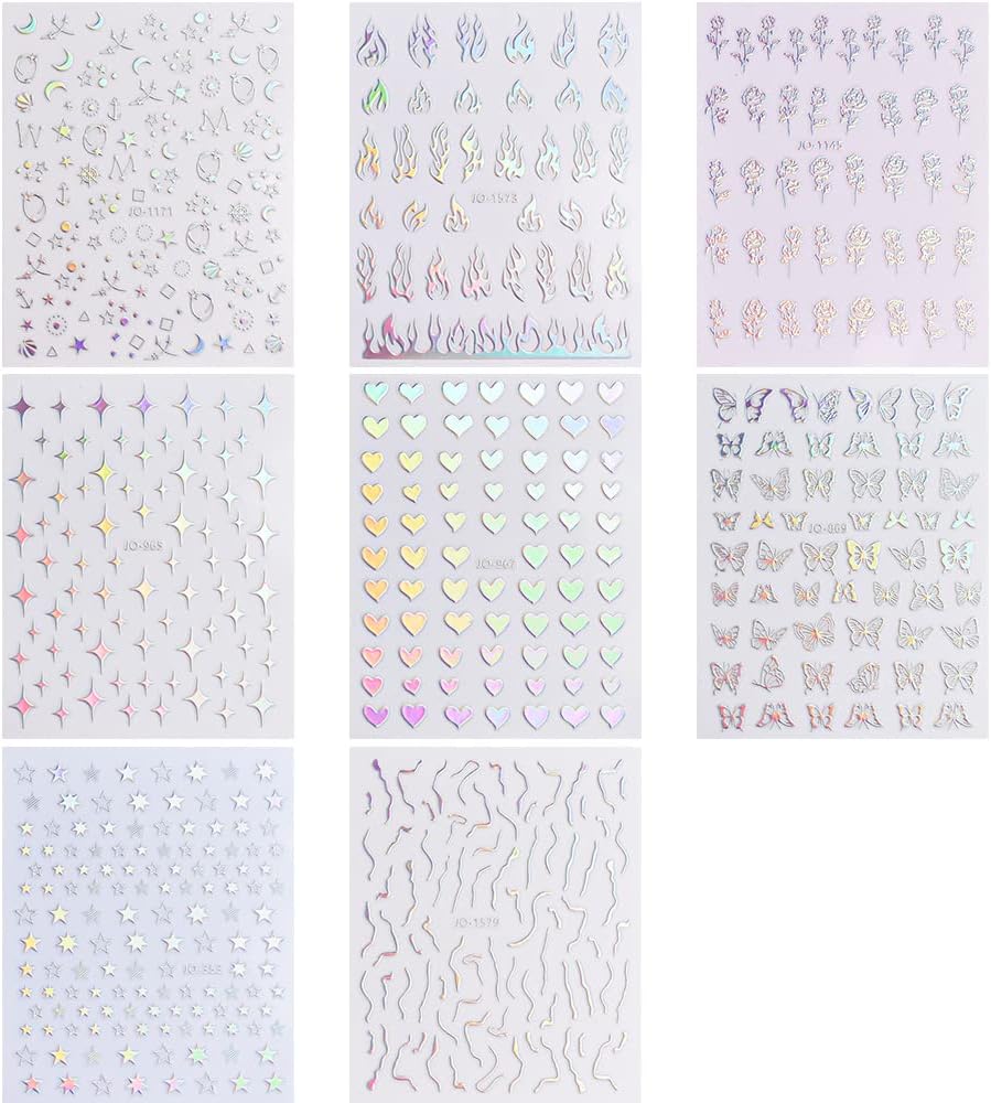 Sheets Aurora Nail Stickers 3D Holographic Laser Heart Star Moon Flame Flower Butterfly Nail Decals Self-adhesive Nail - Image 2