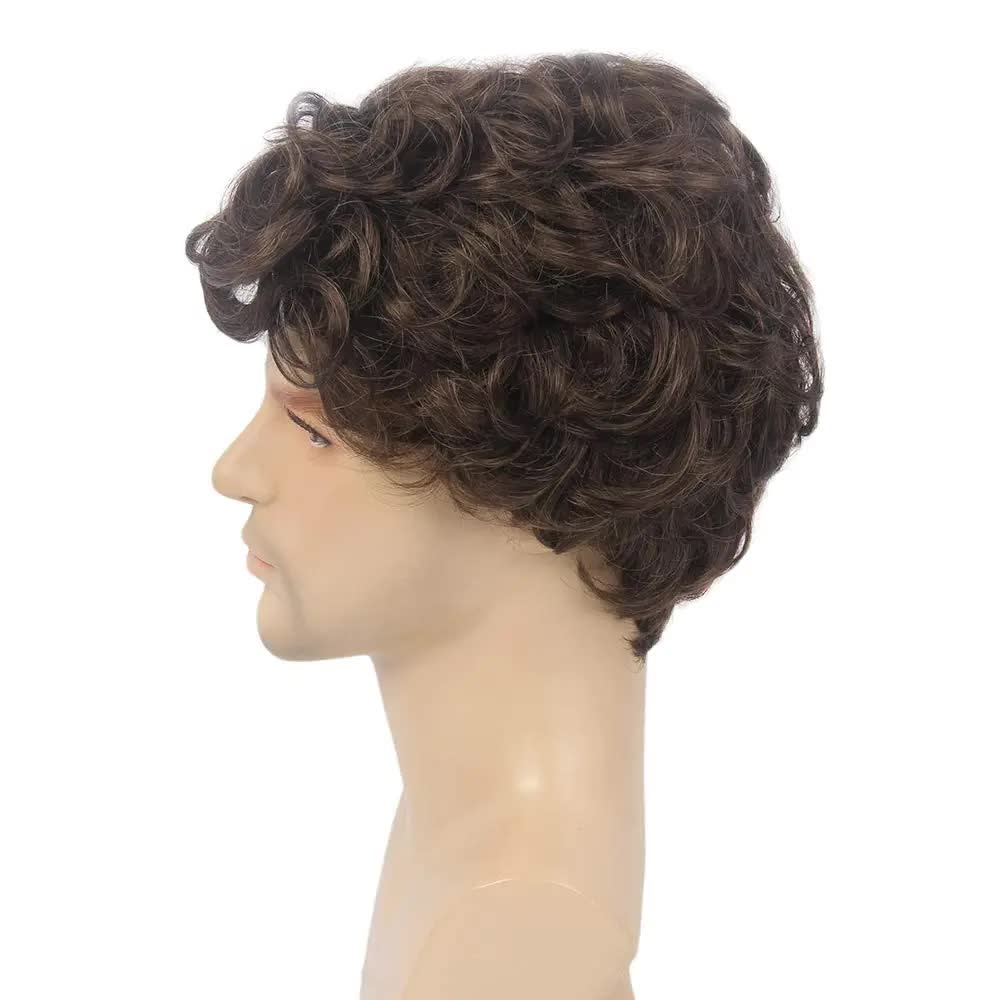 Short Black Men's Wig with Curly and Fluffy Wigs, Natural Synthetic Wigs for Men, Daily Party Wear for Men Brown 10 Inch - Image 4