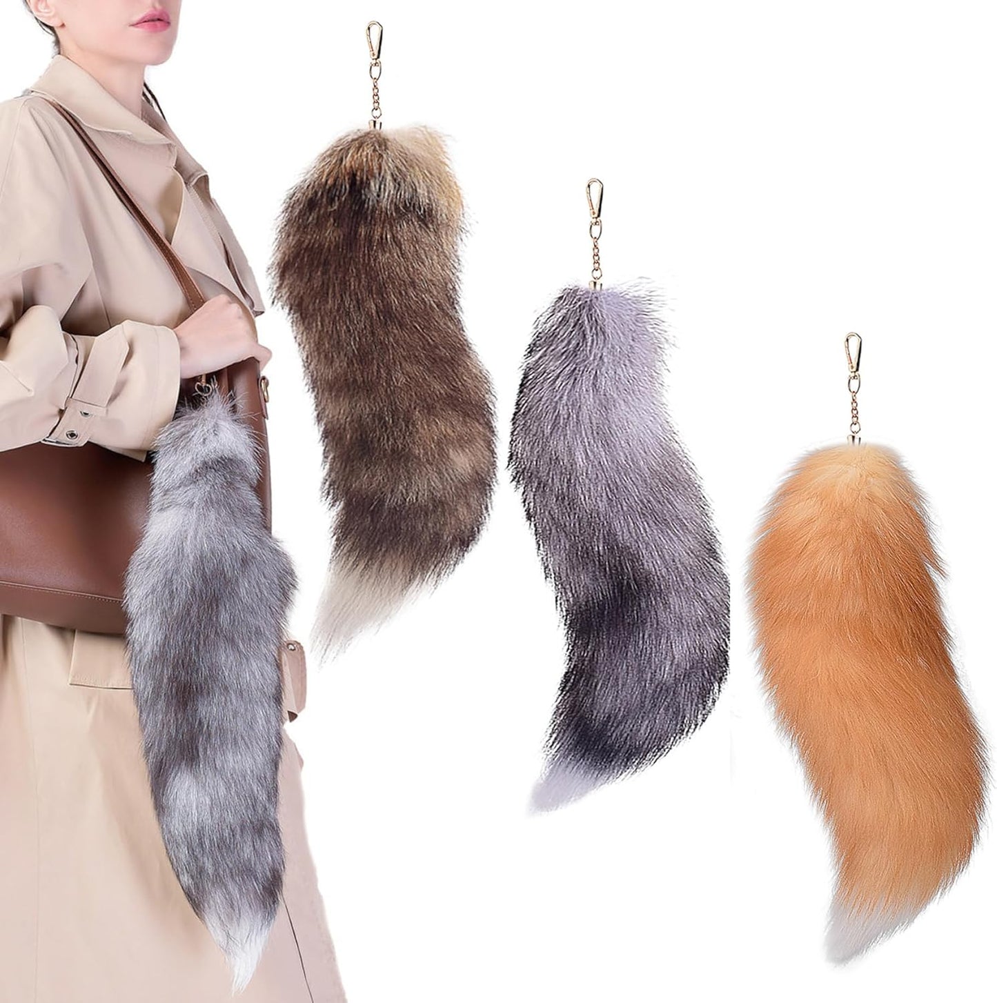 40cm Therian Fox Tail with Lock, Fluffy Faux Fur Fox Tail Keychain Faux Wolf Tail Cosplay Handbag Accessory Costume for Women Adult_tfrf - Image 4