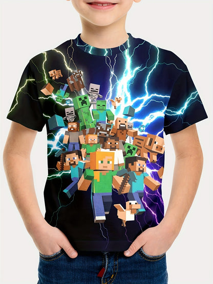 Minecraft T-shirt for boys and girls, cute pattern design, cartoon print, round neck, funny short sleeve top, casual spring summer children G 150cm