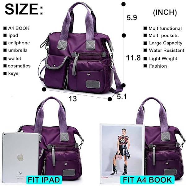 Tote Bag for Women, Spacious Handbag with Multiple Compartments and Zipper, Lightweight Shoulder Bag for Ladies, Nylon Crossbody (Pure Red) Red - Image 2