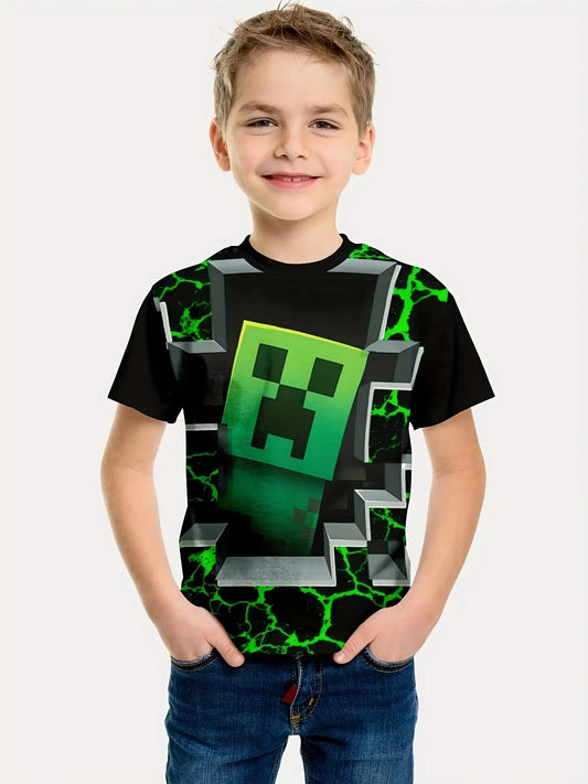 Minecraft T-shirt for boys and girls, cute pattern design, cartoon print, round neck, funny short sleeve top, casual spring summer children D 140cm