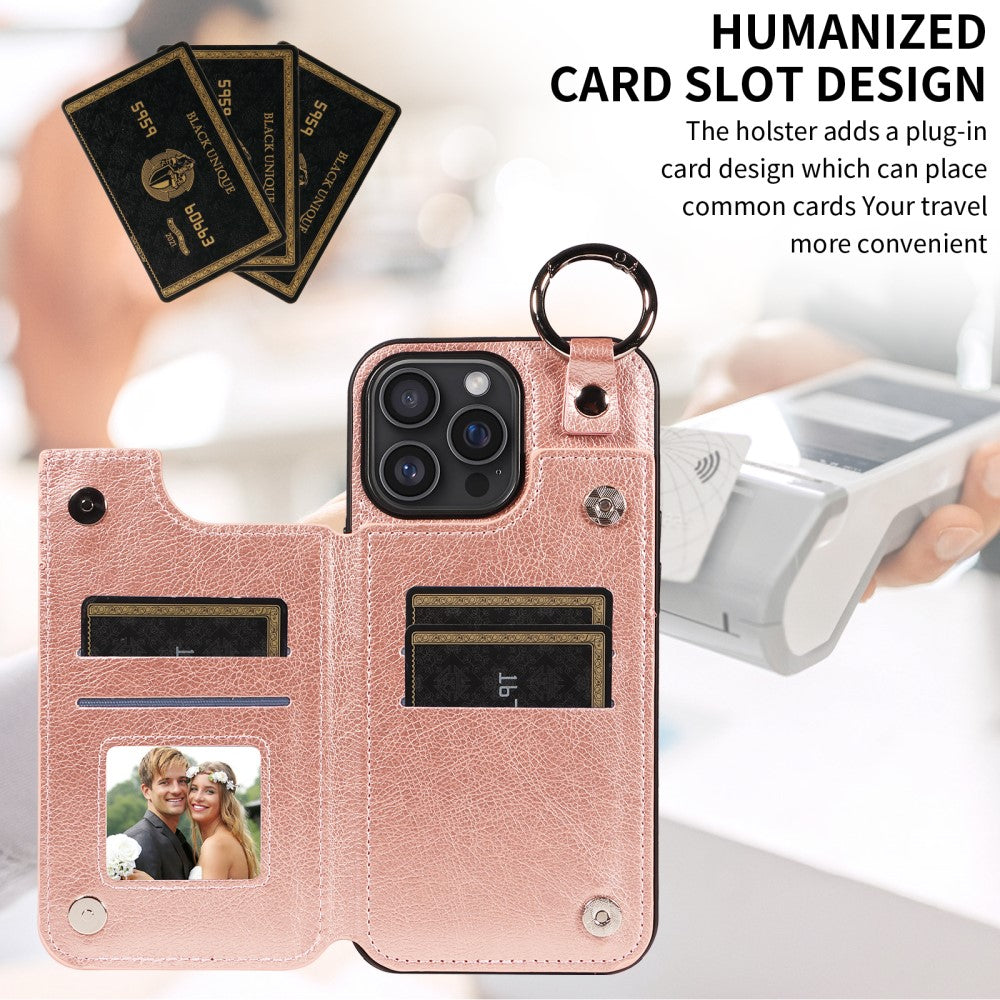 SKALO iPhone 16 Pro Max PU Leather Card Holder with Ring Case - Rose Gold Pink gold_yux - Image 5