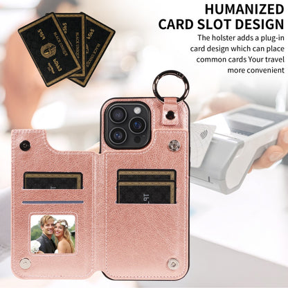 SKALO iPhone 16 Pro Max PU Leather Card Holder with Ring Case - Rose Gold Pink gold_yux - Image 5
