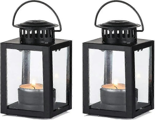 Lanterns for candles, garden lanterns, hanging small lanterns in vintage style for tea lights, Blue Light Tea Light Holder for Indoor and Outdoor, 2 pcs, black 2pcs Black