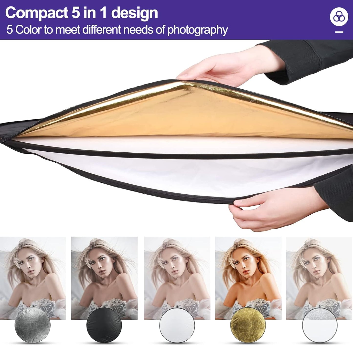 60 x 90 cm Light Reflectors 5-in-1 Photo Foldable Photo Reflector Large Oval Portable Foldable Light Reflector, with Carrying Bag - Image 3