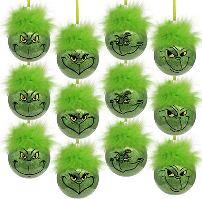 Christmas decorations for indoor use: 12 pcs cute Grinch Christmas tree baubles with fluffy green hair, glittering Grinch Christmas baubles for the Christmas tree-tfrf