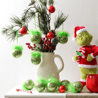 Christmas decorations for indoor use: 12 pcs cute Grinch Christmas tree baubles with fluffy green hair, glittering Grinch Christmas baubles for the Christmas tree-tfrf - Image 4