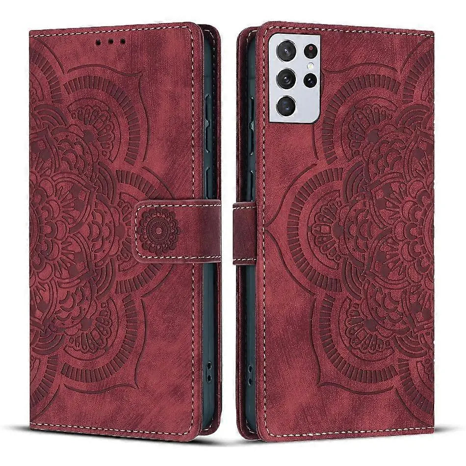 Mandala Embossed Retro Frosted Leather Phone Case Red For Samsung Galaxy S21 Ultra 5G