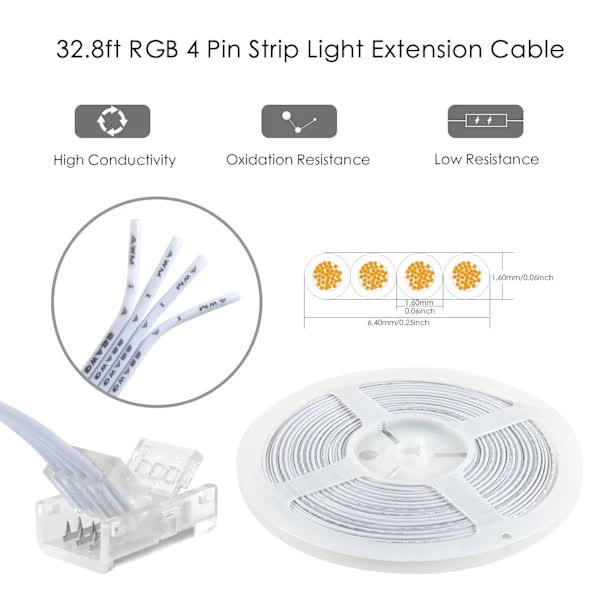 Pin 10mm RGB LED Strip Connector Kit, 5-Pack Crystal Strip Connectors with Screwdriver and 10m Cable for 10mm RGB 5050 2835 LED Strip Light - Image 2
