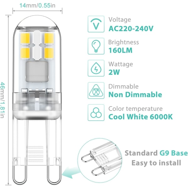 G9 LED bulbs 1.5W equivalent to 20W halogen cool white light 6000K, AC 220-240V, non-dimmable, mini bulb, flicker-free, 10-pack_max - Image 2