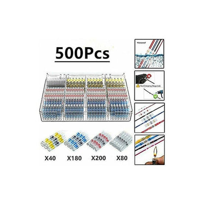 500pcs Electrical Cable Lugs Solder Heat Shrink Tubing, Maidodo Heat Shrink Tubing Solder Butt Joint Insulated Electrical Contacts Waterproof Marine Automotive