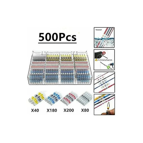500pcs Electrical Cable Lugs Solder Heat Shrink Tubing, Maidodo Heat Shrink Tubing Solder Butt Joint Insulated Electrical Contacts Waterproof Marine Automotive