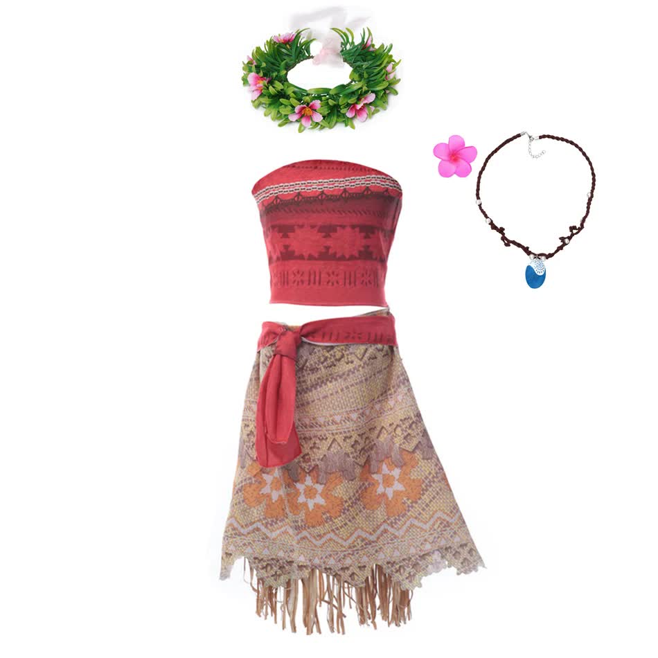 Moana Dresses Girls Children's Clothing Cosplay Vaiana Princess Dress Necklace Wig Kids Carnival Party Summer Disney Costume Set Moana Set 03 Moana Set 03 9-10T(150) - Image 2