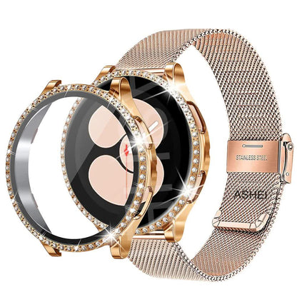 Compatible with Samsung Galaxy Watch 4 5 6 Bracelet Case 40mm 44mm Mesh Loop Stainless Steel Strap Bling Case Gold Set watch6 40mm