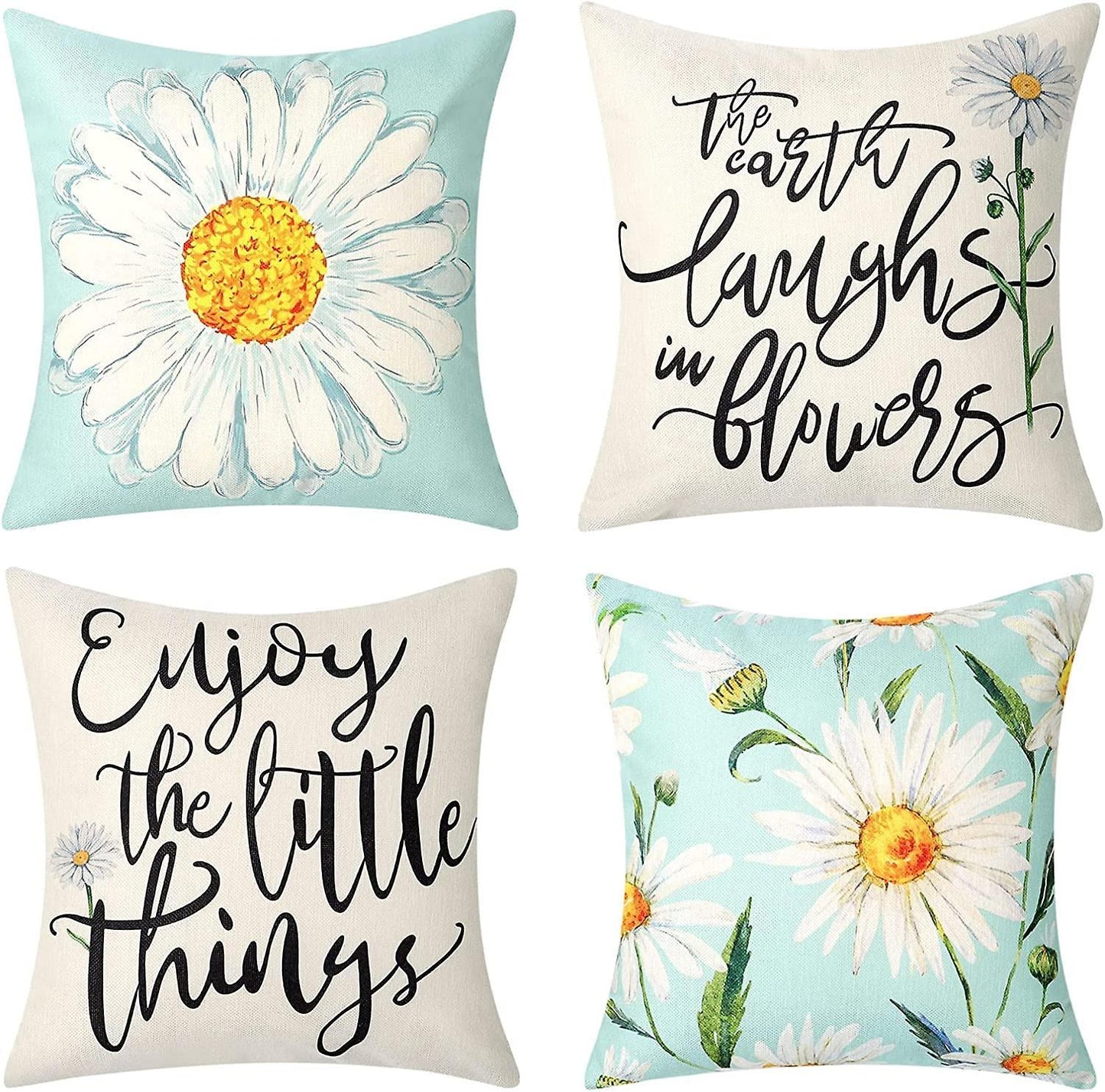 Cushion Cover 45 x 45 cm Set of 4 Decorative Cushions Daisy Cushion Cover Decoration Cotton Decorative Cushions for Garden Living Room Bedroom Modern