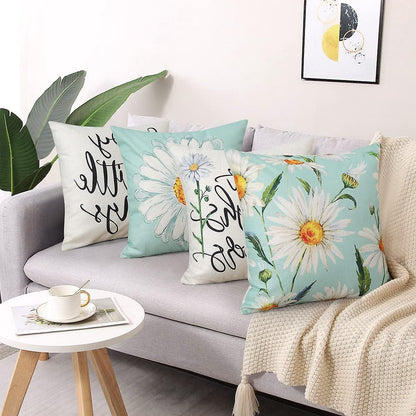Cushion Cover 45 x 45 cm Set of 4 Decorative Cushions Daisy Cushion Cover Decoration Cotton Decorative Cushions for Garden Living Room Bedroom Modern - Image 2