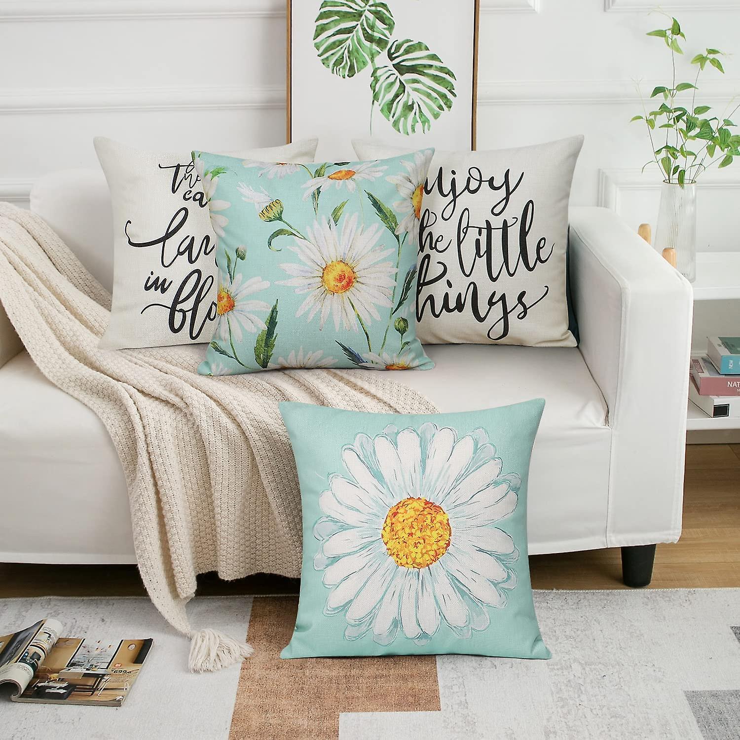 Cushion Cover 45 x 45 cm Set of 4 Decorative Cushions Daisy Cushion Cover Decoration Cotton Decorative Cushions for Garden Living Room Bedroom Modern - Image 3