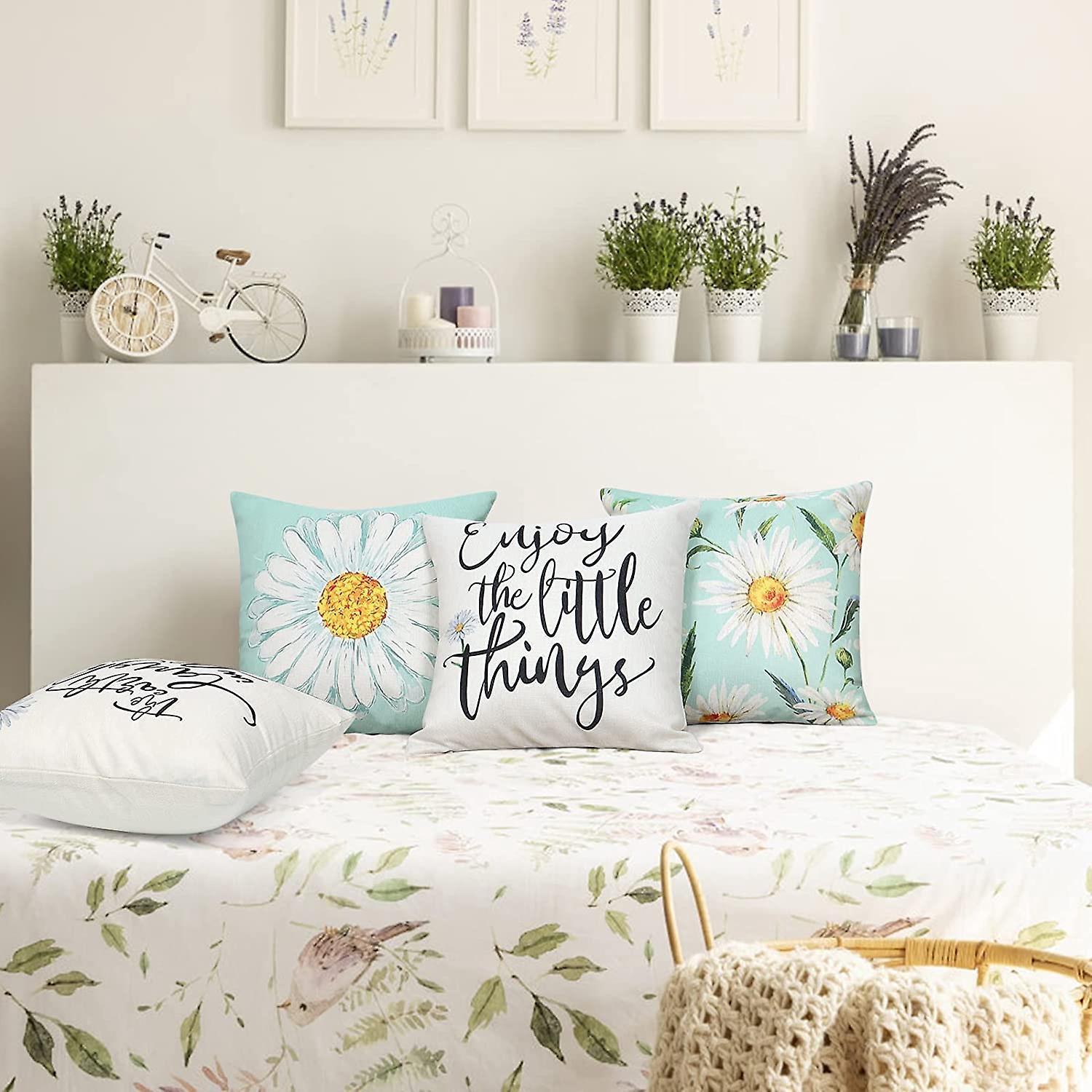 Cushion Cover 45 x 45 cm Set of 4 Decorative Cushions Daisy Cushion Cover Decoration Cotton Decorative Cushions for Garden Living Room Bedroom Modern - Image 4