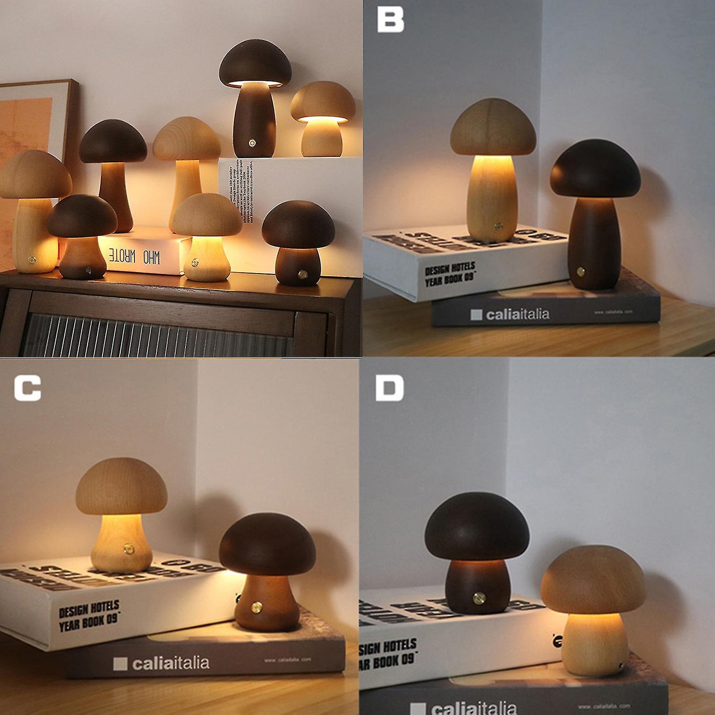Mushroom Lamp Rechargeable Portable Night Light - Wooden Lamp Bedroom Lamp Bedside Table Lamp Coffee - Image 5