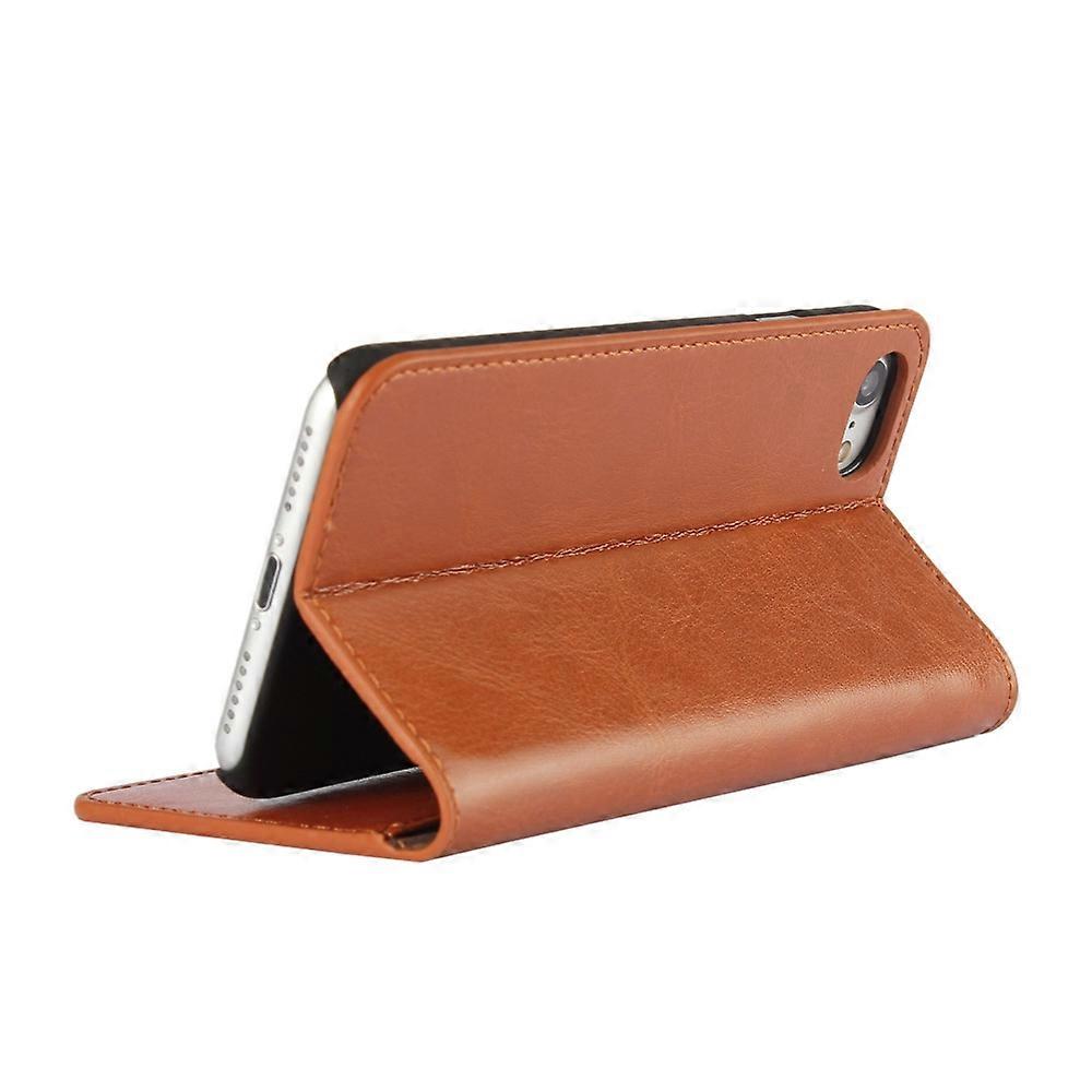 For iPhone SE (2020)/SE (2022)/8/7 4.7 inch Oil-Rimmed Crazy Horse Genuine Leather Attached Hard PC Inner Case Wallet Stand Flip Phone Case Brown - Image 4