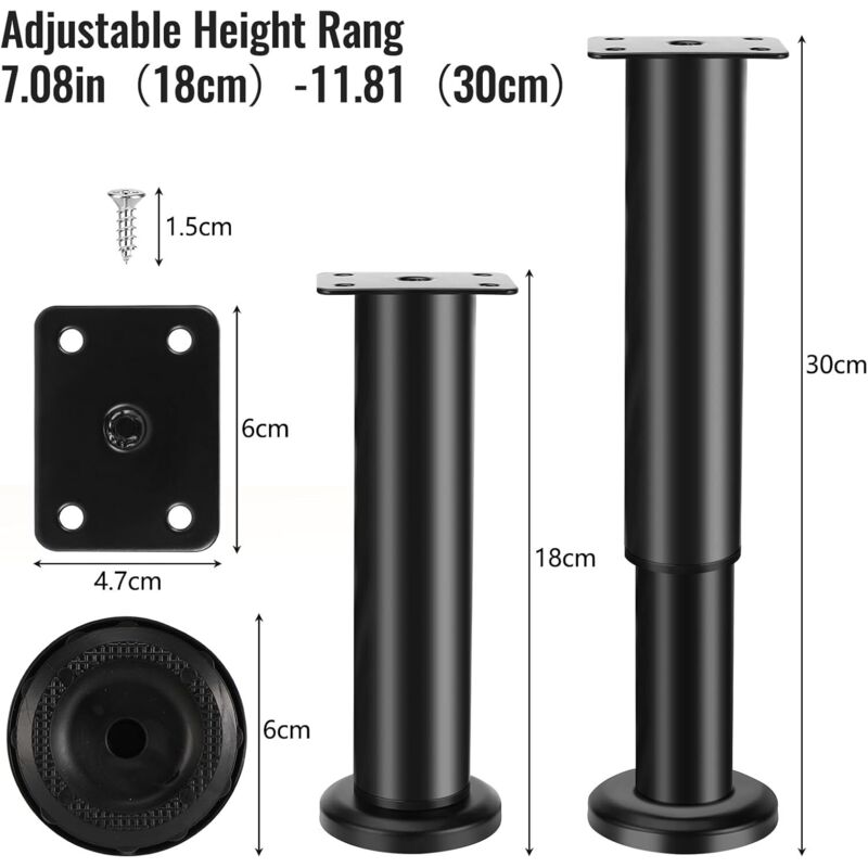 pcs Furniture Legs, 18-30 cm Adjustable Furniture Legs with 18 pcs Screws, Metal Bathroom Cabinet Feet for Sofa Cabinet Table Leg Chair - Black - Image 2