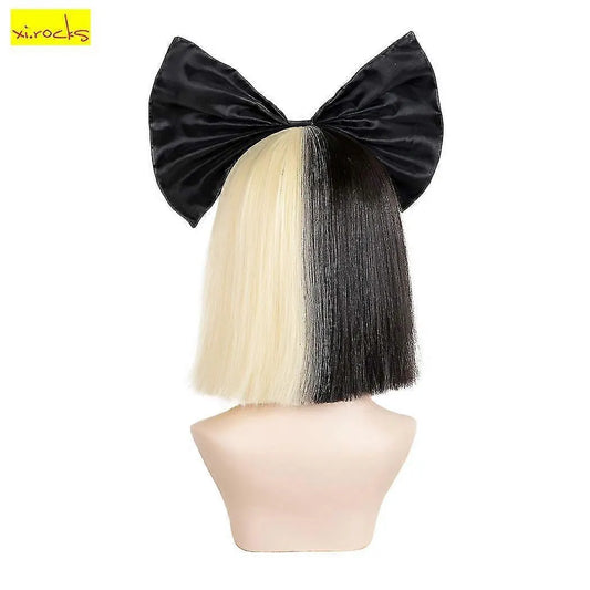 Short Ombre for Women Straight SIA Cosplay Black Blonde Bob Wigs with Bangs Synthetic Fake Hair Wig and Black Big Bow Wig and Black Bigbow 14 Inch - Image 2