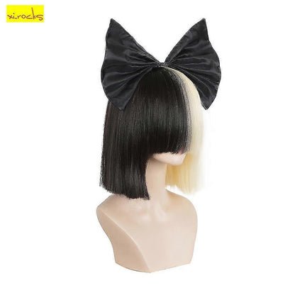 Short Ombre for Women Straight SIA Cosplay Black Blonde Bob Wigs with Bangs Synthetic Fake Hair Wig and Black Big Bow Wig and Black Bigbow 14 Inch - Image 3