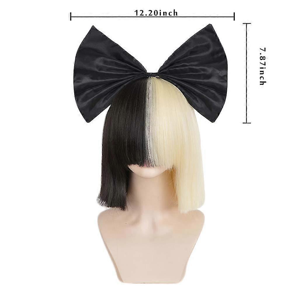 Short Ombre for Women Straight SIA Cosplay Black Blonde Bob Wigs with Bangs Synthetic Fake Hair Wig and Black Big Bow Wig and Black Bigbow 14 Inch - Image 4