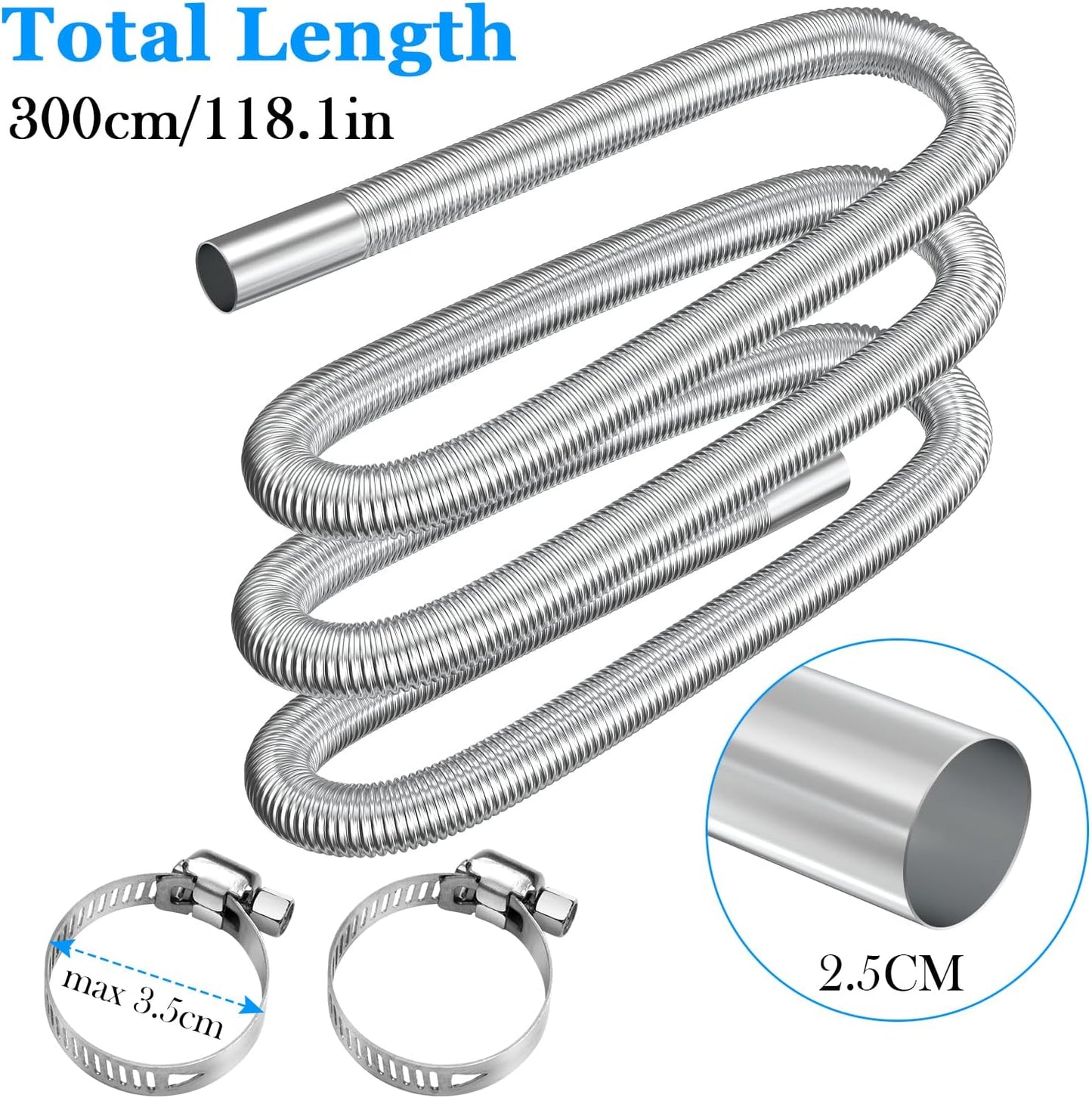 Air heater hose, 300 cm Ø 2.5 cm stainless steel exhaust pipe, parking heater pipe with 2 hose clamps, for parking heater 300CM - Image 2