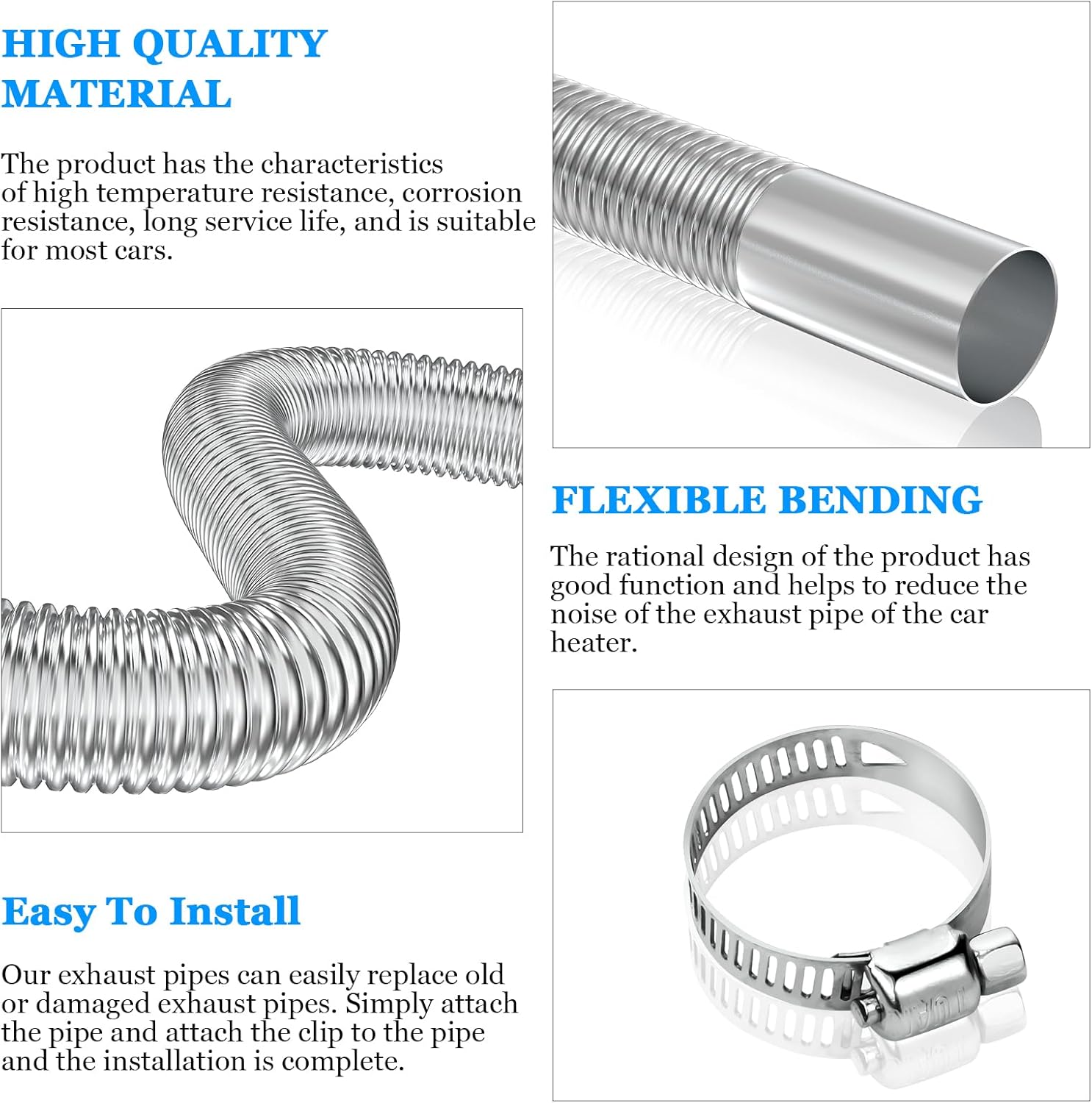 Air heater hose, 300 cm Ø 2.5 cm stainless steel exhaust pipe, parking heater pipe with 2 hose clamps, for parking heater 300CM - Image 4