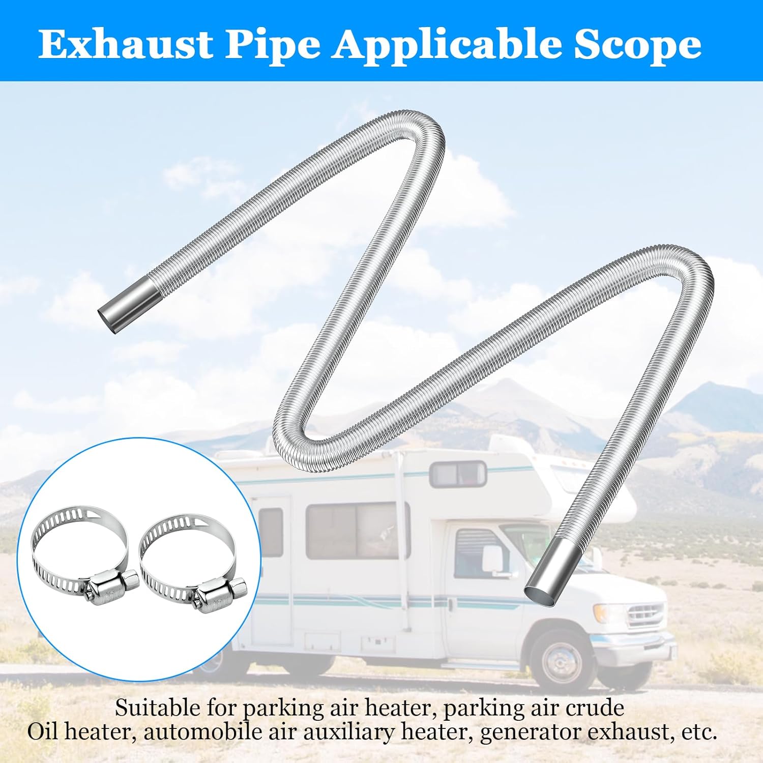 Air heater hose, 300 cm Ø 2.5 cm stainless steel exhaust pipe, parking heater pipe with 2 hose clamps, for parking heater 300CM - Image 6