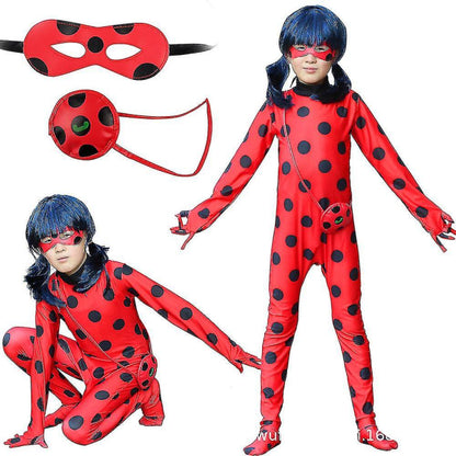 Bimirth Kids Girls Ladybug Cosplay Set Halloween Party Jumpsuit Costume with Blindfold, Wig, Bag 140 (130-140cm)_tfrf 140 (130-140cm) - Image 3