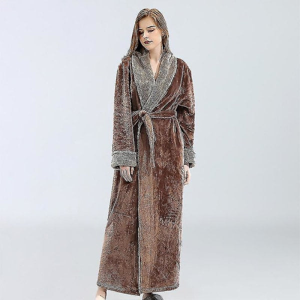Women's Bathrobe Dressing Gown Bathrobe Warm Soft Fleece Long Coats Nightgown Coffee XL - Image 2