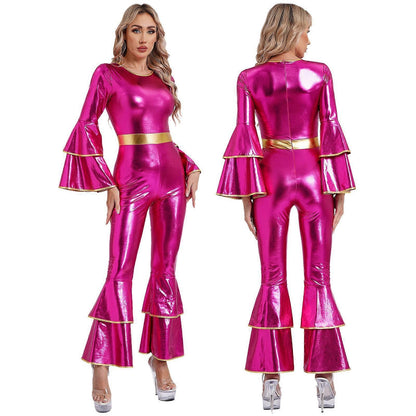 Women's Vintage 70s Disco Shiny Jumpsuit Bell Bottom Hippie Romper Cheerleading Uniform Halloween Cosplay Theme Party Costume royal blue_yux royal blue M - Image 3