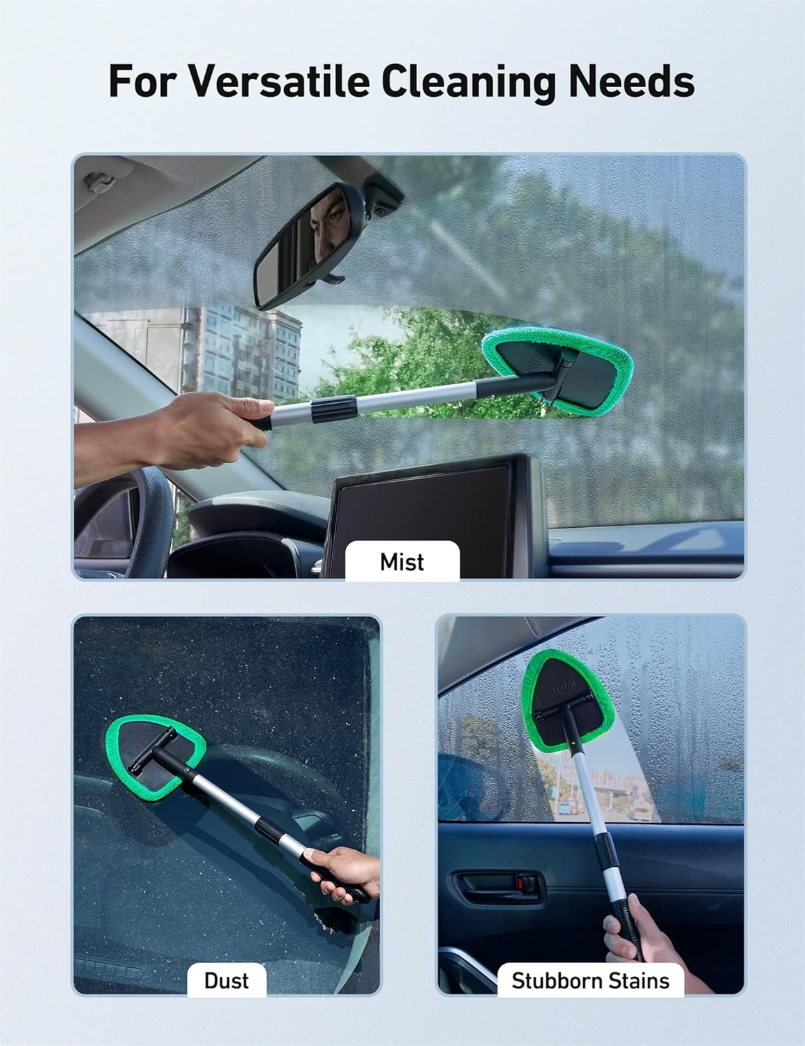 Windshield Washer, Car Windshield Cleaning Tool for Inside with 4 Reusable and Washable Microfiber Pads, Green - Image 6