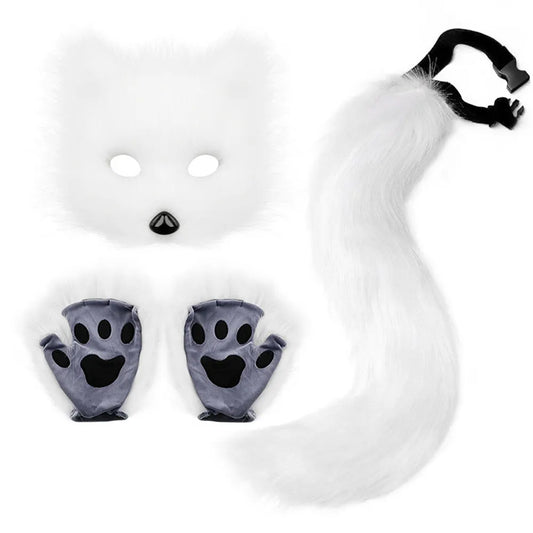 Therian Paws Fur Mask & Tail Set Girly Cat Mask Halloween Party Costume_yux White