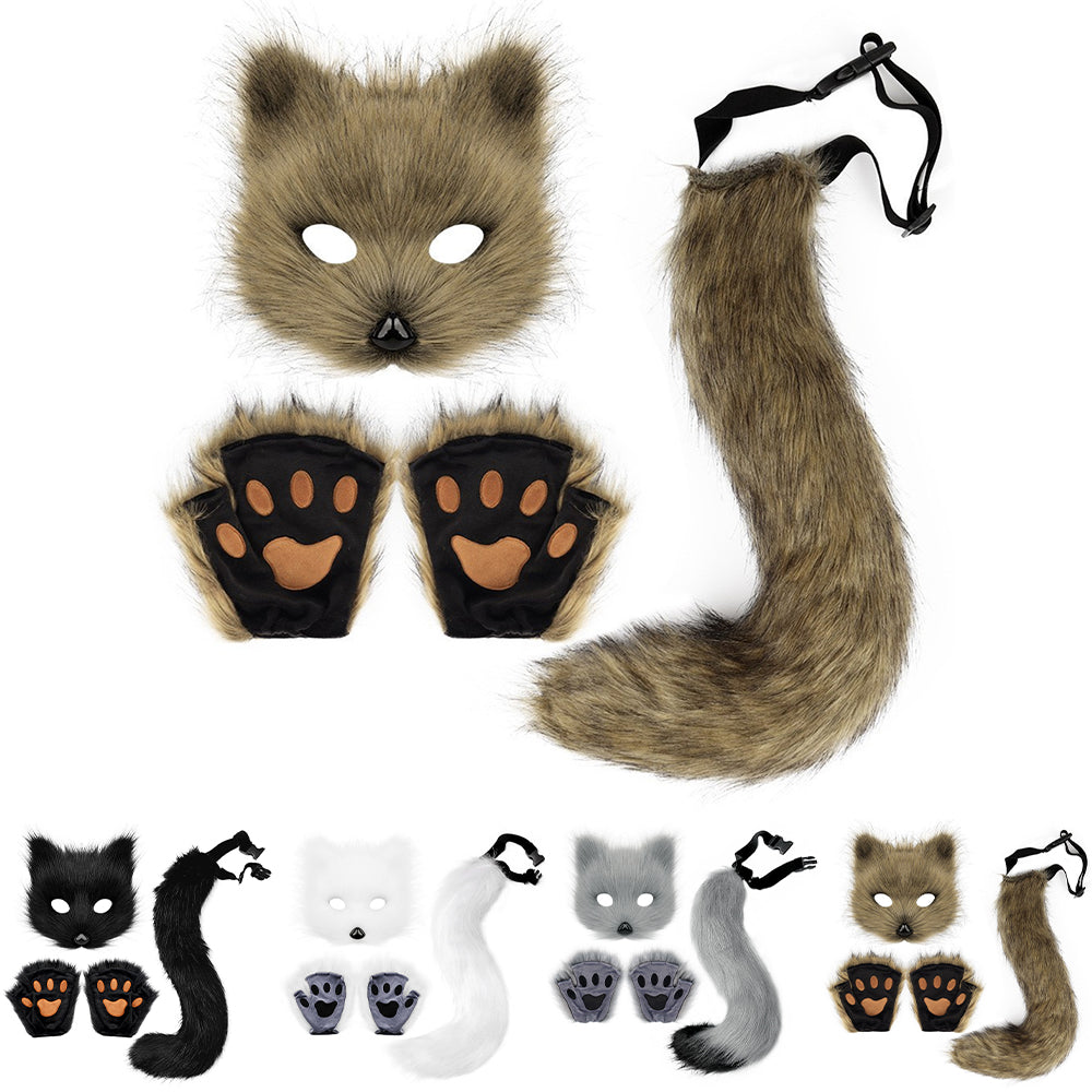 Therian Paws Fur Mask & Tail Set Girly Cat Mask Halloween Party Costume_yux White - Image 2