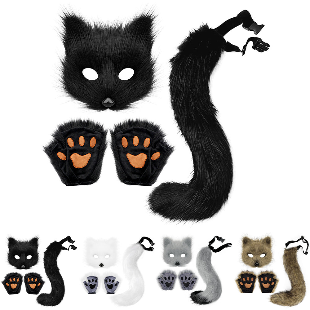 Therian Paws Fur Mask & Tail Set Girly Cat Mask Halloween Party Costume_yux White - Image 3