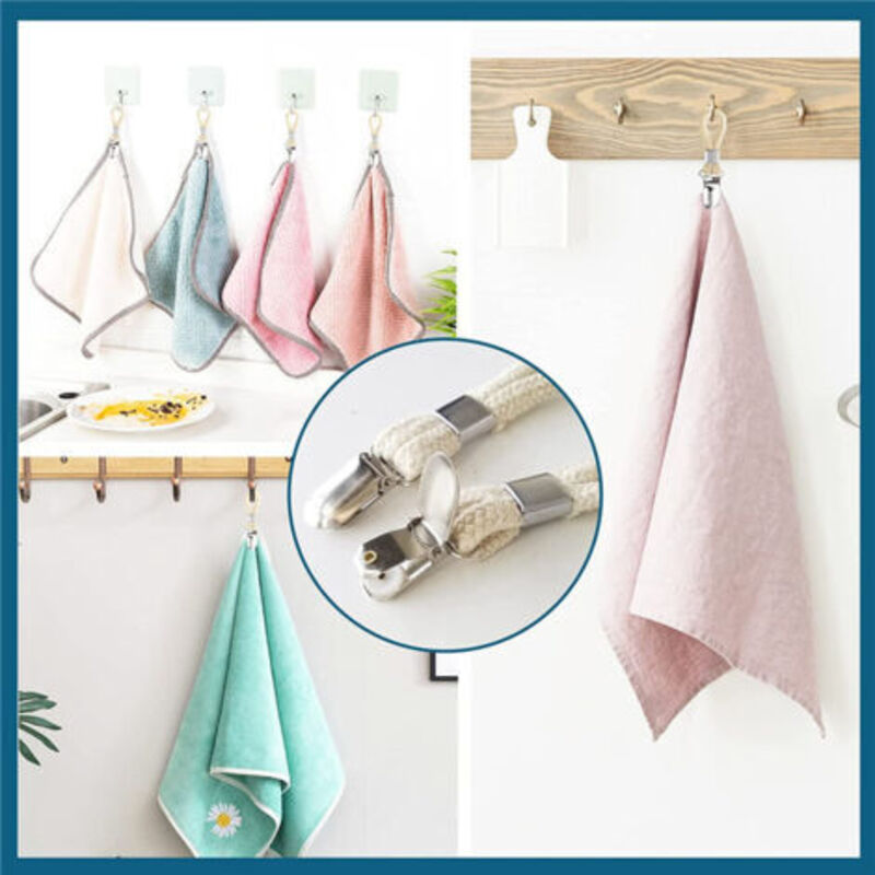Towel Clamps 5-Pack Metal Towel Hooks for Kitchen Bathroom with Braided Cotton Holder Compatible with Dishcloths - Image 3